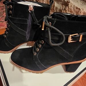 White House Black Market Black Lace-Up Boots with Gold Accents